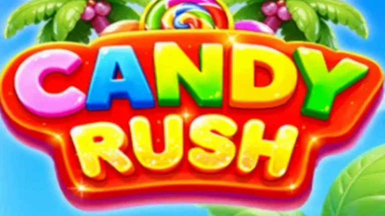 Candy Rush slot game grid with colorful candy symbols in a tropical setting