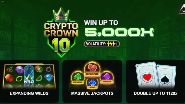 Tampilan layar permainan slot Crypto Crown 10 dengan tema kripto dan neon